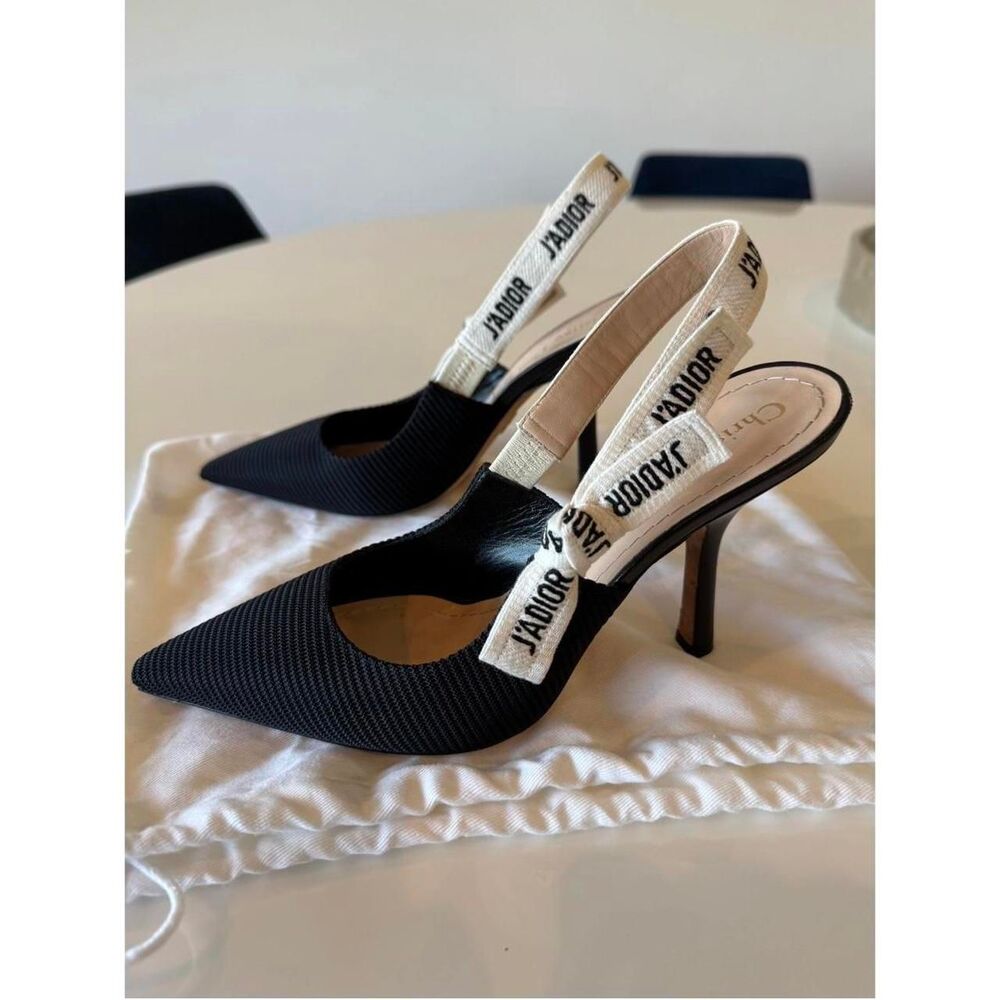 Dior J'Adior Black Technical Fabric Pointed Toe Logo Bow Slingback Heels Size 38 - Picture 4 of 6
